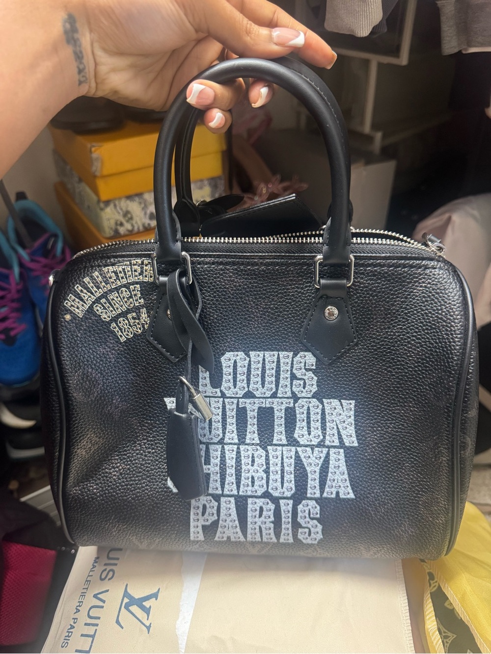 SHEIN Black Text-Print Structured Top-Handle Crossbody Bag